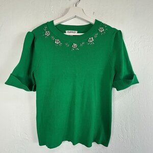 Nanette Lepore Womens Ribbed Embellished Sweater Size Large Green Short Sleeve